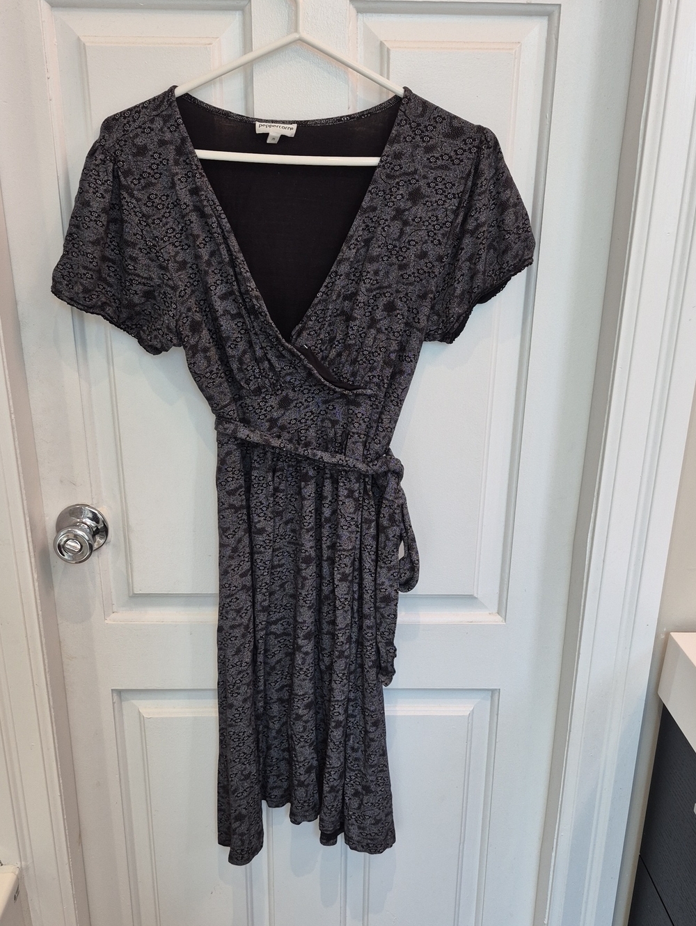 Gray Floral Wrap Dress with Self-Tie Waist